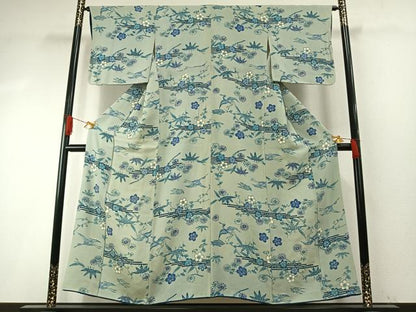 平和屋着物●上質な小紋　本藍　型染め　花鳥文　鬼しぼ縮緬　正絹　逸品　AABH4906fy