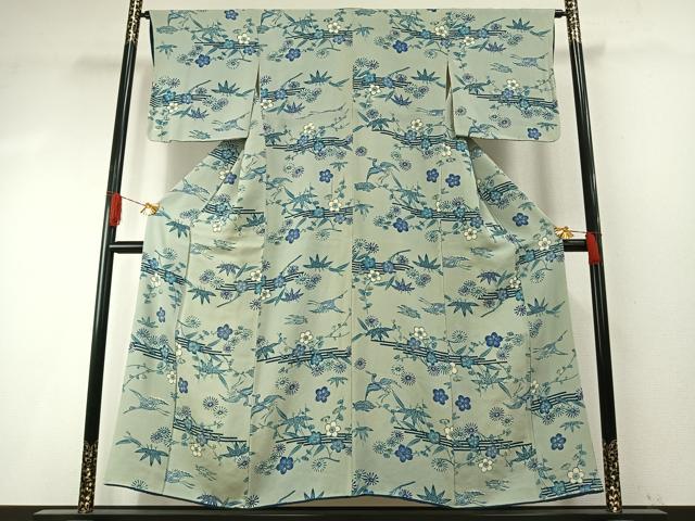 平和屋着物●上質な小紋　本藍　型染め　花鳥文　鬼しぼ縮緬　正絹　逸品　AABH4906fy