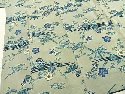 平和屋着物●上質な小紋　本藍　型染め　花鳥文　鬼しぼ縮緬　正絹　逸品　AABH4906fy