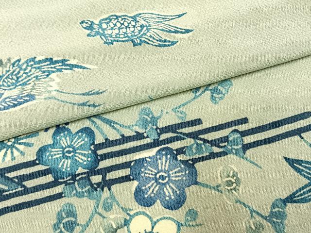 平和屋着物●上質な小紋　本藍　型染め　花鳥文　鬼しぼ縮緬　正絹　逸品　AABH4906fy