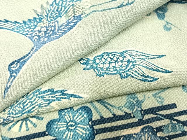 平和屋着物●上質な小紋　本藍　型染め　花鳥文　鬼しぼ縮緬　正絹　逸品　AABH4906fy