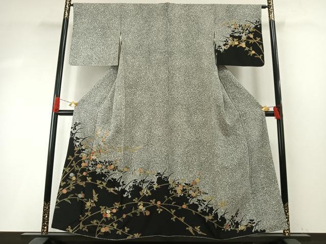 平和屋着物●訪問着　刺繍　枝花文　黒地　金糸　金彩　正絹　逸品　AABH4923fy