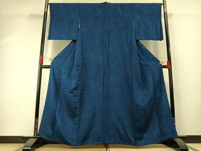 平和屋着物●上質な小紋　本藍　型染め　切嵌花文　鬼しぼ縮緬　正絹　逸品　AABH4930fy