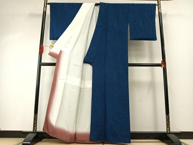 平和屋着物●上質な小紋　本藍　型染め　切嵌花文　鬼しぼ縮緬　正絹　逸品　AABH4930fy 平和屋着物○上質な小紋 本藍 型染め 切嵌花文 鬼