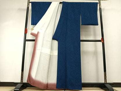 平和屋着物●上質な小紋　本藍　型染め　切嵌花文　鬼しぼ縮緬　正絹　逸品　AABH4930fy