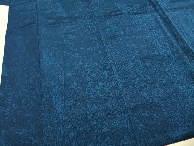 平和屋着物●上質な小紋　本藍　型染め　切嵌花文　鬼しぼ縮緬　正絹　逸品　AABH4930fy 平和屋着物○上質な小紋 本藍 型染め 切嵌花文 鬼