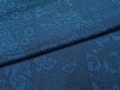 平和屋着物●上質な小紋　本藍　型染め　切嵌花文　鬼しぼ縮緬　正絹　逸品　AABH4930fy