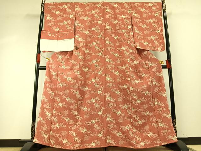 平和屋着物●竺仙鑑製　小紋　型染め　福良雀　笹竹文　反端付き　正絹　逸品　AABH4935fy