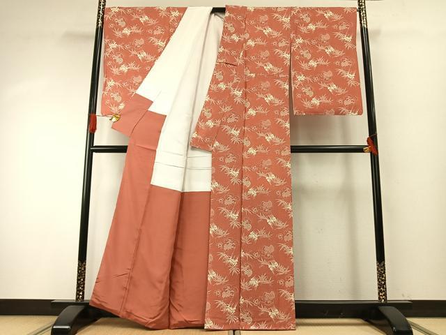 平和屋着物●竺仙鑑製　小紋　型染め　福良雀　笹竹文　反端付き　正絹　逸品　AABH4935fy
