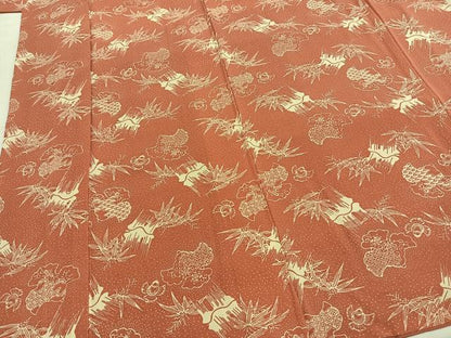 平和屋着物●竺仙鑑製　小紋　型染め　福良雀　笹竹文　反端付き　正絹　逸品　AABH4935fy