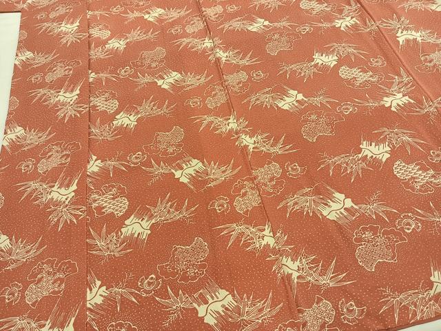 平和屋着物●竺仙鑑製　小紋　型染め　福良雀　笹竹文　反端付き　正絹　逸品　AABH4935fy