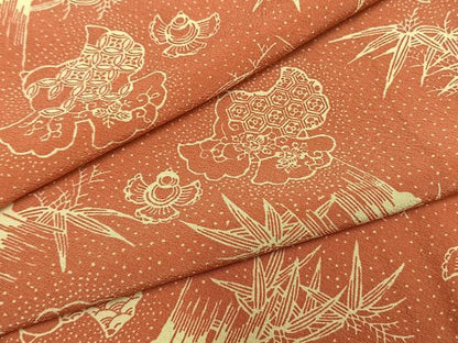 平和屋着物●竺仙鑑製　小紋　型染め　福良雀　笹竹文　反端付き　正絹　逸品　AABH4935fy
