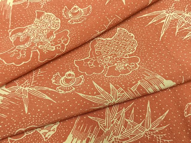 平和屋着物●竺仙鑑製　小紋　型染め　福良雀　笹竹文　反端付き　正絹　逸品　AABH4935fy