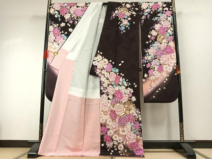 平和屋着物●豪華振袖　草花文　暈し染め　金糸　金銀彩　ラインストーン　正絹　逸品　AABH4949fy
