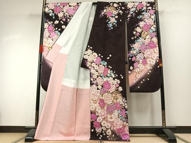 平和屋着物●豪華振袖　草花文　暈し染め　金糸　金銀彩　ラインストーン　正絹　逸品　AABH4949fy