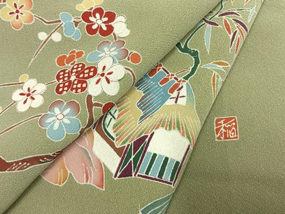 平和屋着物●訪問着　友禅　作家物　風景花文　正絹　逸品　AABH4968fy