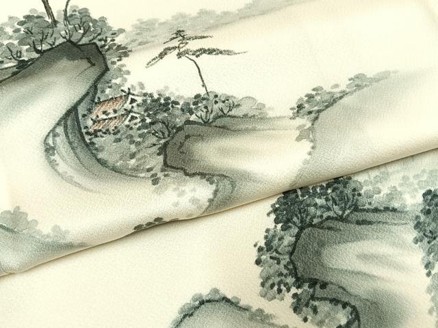 平和屋着物▽訪問着　単衣　手描き　人物風景文　暈し染め　正絹　逸品　AABC3886fy 平和屋着物□色留訪問着 手描き 人物風景文 暈し染め 金彩