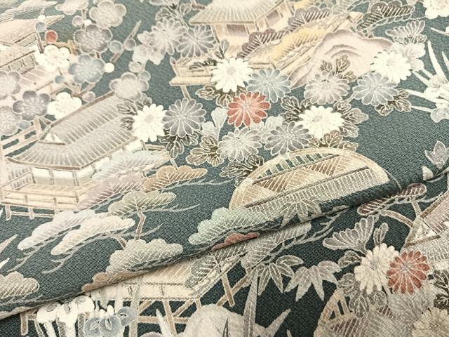 平和屋着物●訪問着　友禅　松竹梅　風景文　暈し染め　鬼しぼ縮緬　三越扱い　正絹　逸品　AABH4990fy