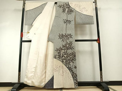 平和屋着物●訪問着　総絞り　手描き　枝葉文　三越扱い　正絹　逸品　AABH4992fy