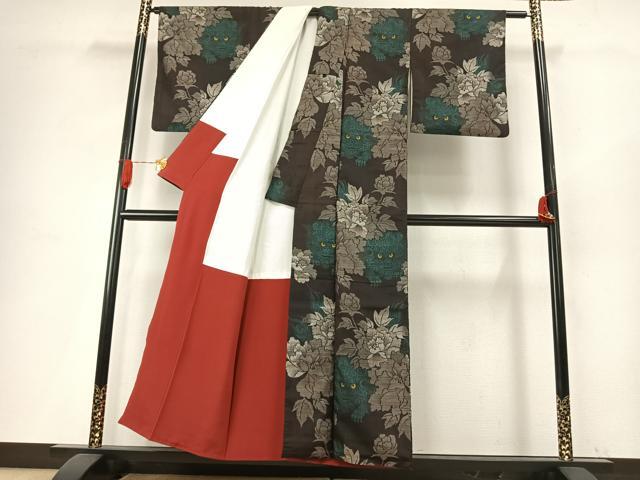 平和屋着物●本場大島紬　割り込み絣　唐獅子　牡丹　正絹　逸品　AABH4996fy
