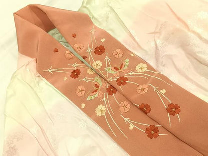 平和屋着物●長襦袢　無双仕立て　風景舞葉地紋　暈し染め　半衿刺繍　正絹　逸品　AABH4999fy