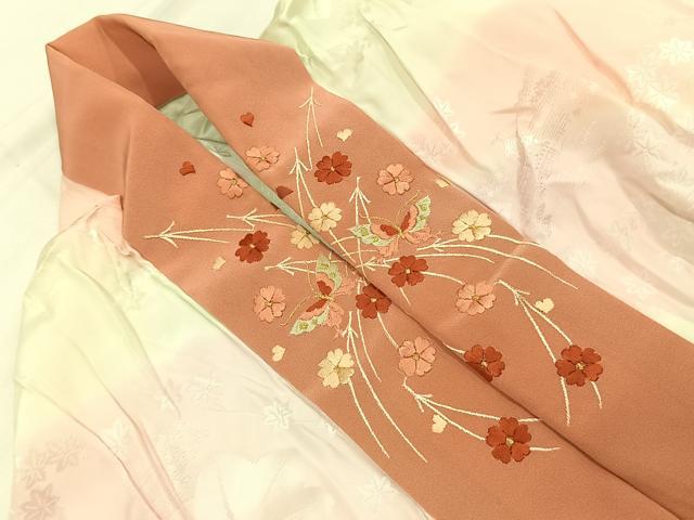 平和屋着物●長襦袢　無双仕立て　風景舞葉地紋　暈し染め　半衿刺繍　正絹　逸品　AABH4999fy