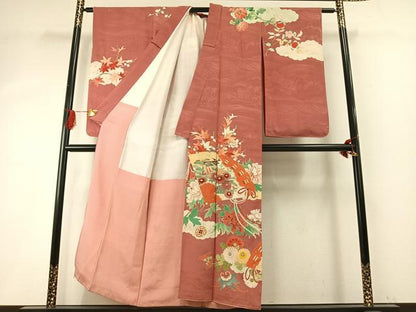 平和屋着物●アンティーク　大正ロマン　訪問着　刺繍　扇面花文　金彩　正絹　逸品　AABH5013fy