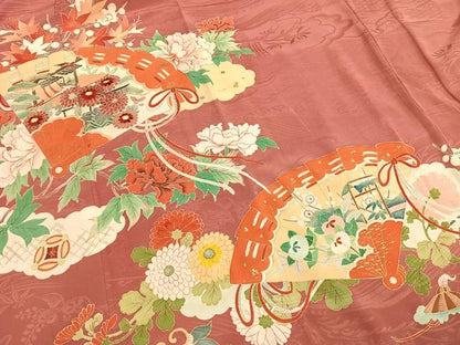 平和屋着物●アンティーク　大正ロマン　訪問着　刺繍　扇面花文　金彩　正絹　逸品　AABH5013fy