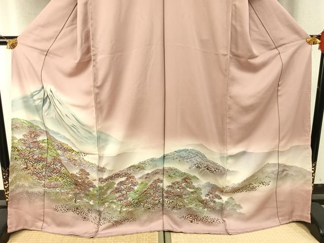 平和屋着物●訪問着　手描き　富士山　風景文　暈し染め　金彩　丹後ちりめん　仮絵羽　正絹　逸品　未使用　AABH5017fy