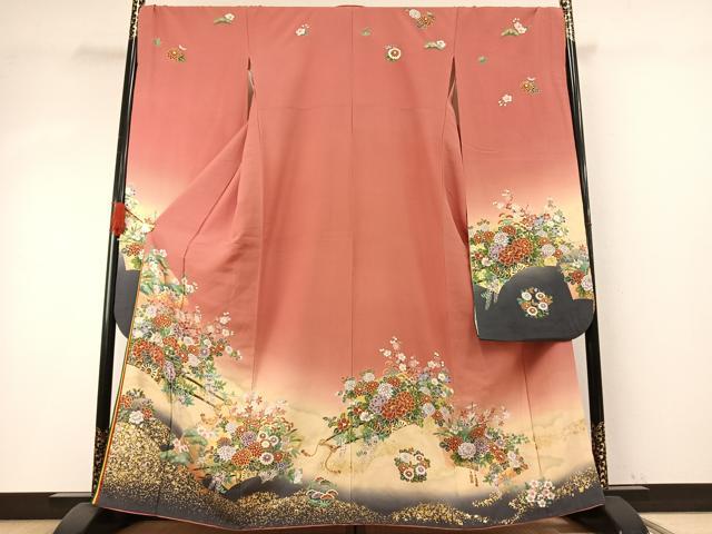 平和屋着物●豪華振袖　駒刺繍　草花文　暈し染め　金彩　正絹　逸品　AABH5023fy