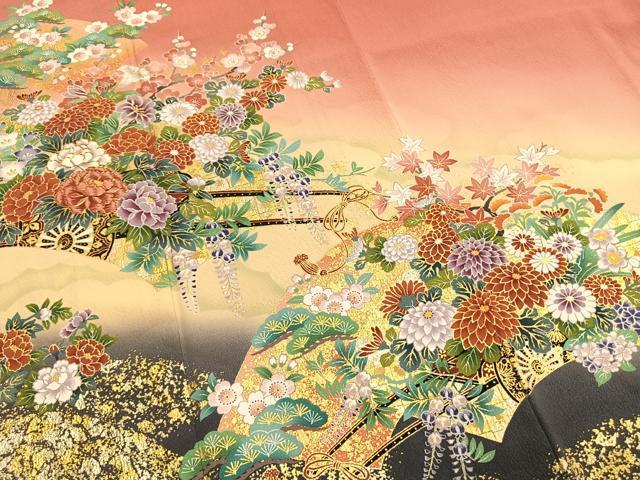 平和屋着物●豪華振袖　駒刺繍　草花文　暈し染め　金彩　正絹　逸品　AABH5023fy