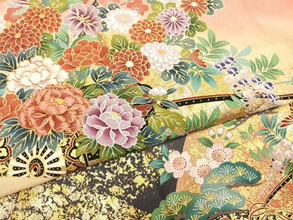 平和屋着物●豪華振袖　駒刺繍　草花文　暈し染め　金彩　正絹　逸品　AABH5023fy