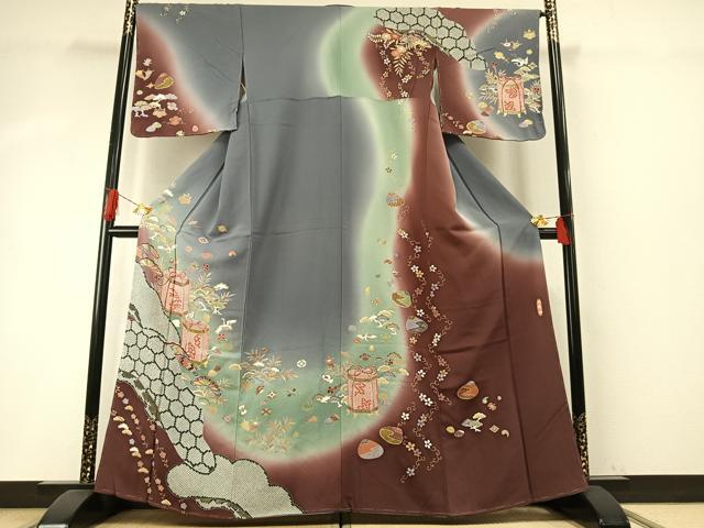 平和屋着物●訪問着　貝桶花鳥文　暈し染め　金彩　円舞袖　正絹　逸品　未使用　AABH5031fy