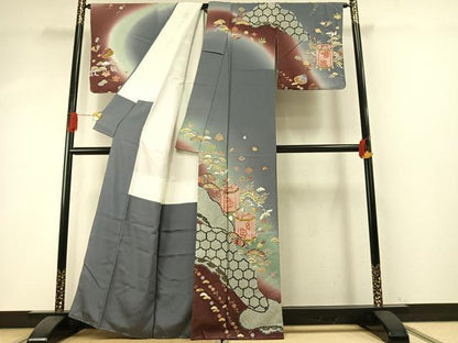 平和屋着物●訪問着　貝桶花鳥文　暈し染め　金彩　円舞袖　正絹　逸品　未使用　AABH5031fy