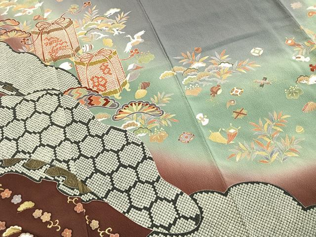 平和屋着物●訪問着　貝桶花鳥文　暈し染め　金彩　円舞袖　正絹　逸品　未使用　AABH5031fy