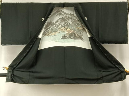 平和屋着物●男性　黒紋付　羽織セット　正絹　逸品　AABH5036fy