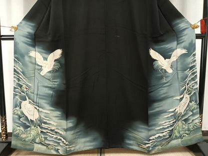 平和屋着物●アンティーク　大正ロマン　黒留袖　中国三大刺繍　相良刺繍　鶴　暈し染め　両褄　正絹　逸品　AABH5042fy