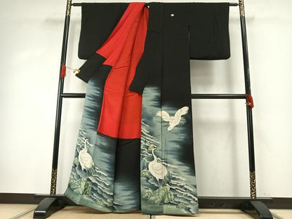 平和屋着物●アンティーク　大正ロマン　黒留袖　中国三大刺繍　相良刺繍　鶴　暈し染め　両褄　正絹　逸品　AABH5042fy