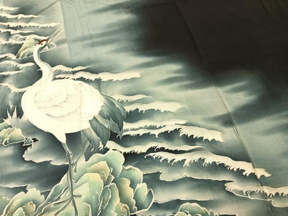 平和屋着物●アンティーク　大正ロマン　黒留袖　中国三大刺繍　相良刺繍　鶴　暈し染め　両褄　正絹　逸品　AABH5042fy