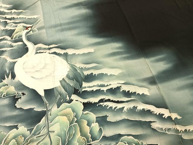 平和屋着物●アンティーク　大正ロマン　黒留袖　中国三大刺繍　相良刺繍　鶴　暈し染め　両褄　正絹　逸品　AABH5042fy