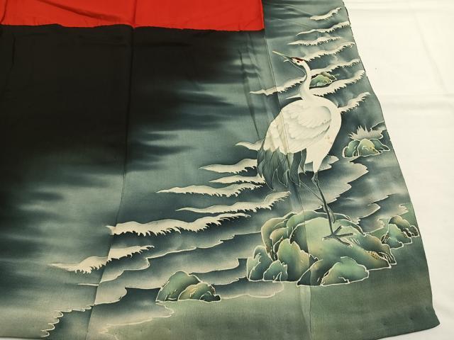 平和屋着物●アンティーク　大正ロマン　黒留袖　中国三大刺繍　相良刺繍　鶴　暈し染め　両褄　正絹　逸品　AABH5042fy