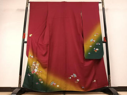平和屋着物●豪華振袖　駒刺繍　御所車花文　暈し染め　金糸　正絹　逸品　AABH5054fy
