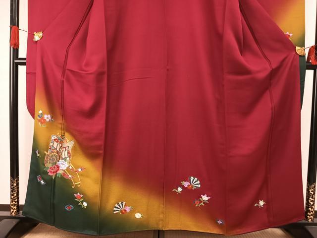 平和屋着物●豪華振袖　駒刺繍　御所車花文　暈し染め　金糸　正絹　逸品　AABH5054fy