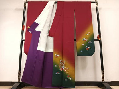 平和屋着物●豪華振袖　駒刺繍　御所車花文　暈し染め　金糸　正絹　逸品　AABH5054fy