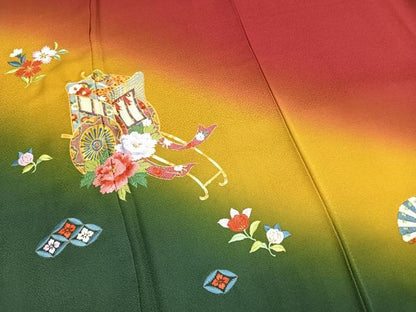 平和屋着物●豪華振袖　駒刺繍　御所車花文　暈し染め　金糸　正絹　逸品　AABH5054fy