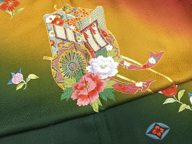 平和屋着物●豪華振袖　駒刺繍　御所車花文　暈し染め　金糸　正絹　逸品　AABH5054fy