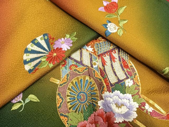平和屋着物●豪華振袖　駒刺繍　御所車花文　暈し染め　金糸　正絹　逸品　AABH5054fy