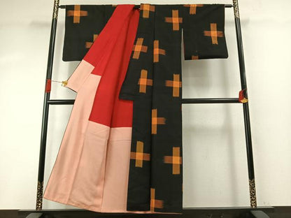 平和屋着物●アンティーク　大正ロマン　紬　十字絣　黒地　正絹　逸品　AABH5072fy