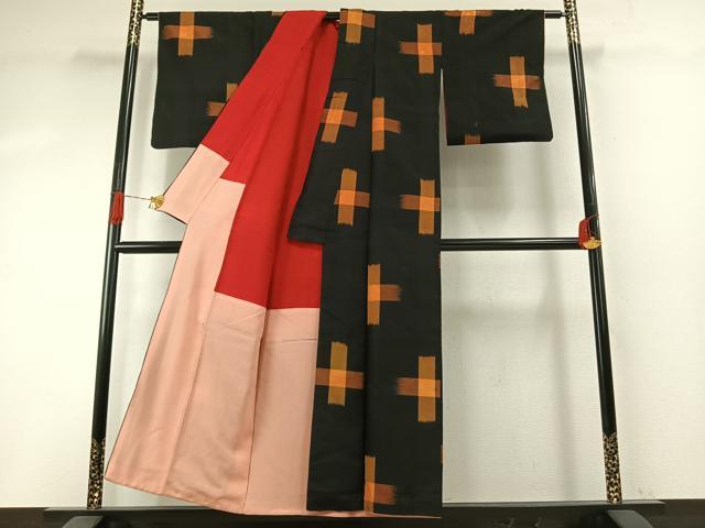 平和屋着物●アンティーク　大正ロマン　紬　十字絣　黒地　正絹　逸品　AABH5072fy