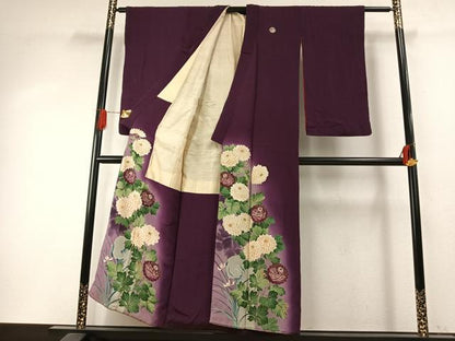 平和屋着物●アンティーク　大正ロマン　色留袖　中国三大刺繍　相良刺繍　草花文　暈し染め　両褄　正絹　逸品　AABH5101fy